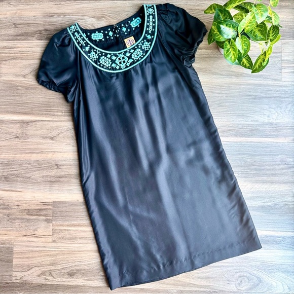 Tory Burch Lottie Turquoise Embroidered Yoke Black Silk Shift Mini Dress Size 12 - Picture 15 of 16